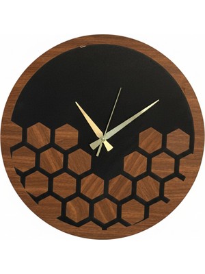 As Tasarım Lazer Petek Model Duvar Saati Dekorasyon 45 cm (Siyah-Ceviz)