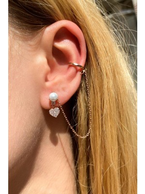 Spossy Silver Jewelry Tekli, İncili Kalp Kıkırdak Küpe