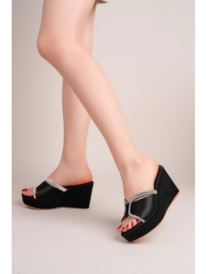 Bulutmod BA04266 Kadın Siyah Saten Taşlı Abiye Gelinlik Günlük Dolgu 9cm Topuklu Terlik - 39