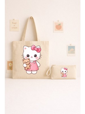 Maki Craft Hello Kitty Tarz Kedi Karakter 2’li Bez Çanta & Kalemlik Seti