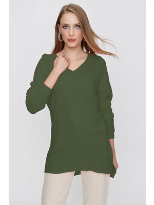 Tena Kadın Zeytin Yeşili V Yaka Salaş Triko Kazak