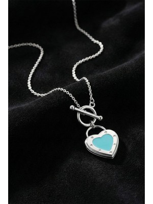 Roza Silver 925 Ayar Ikonik Turkuaz Kalp Kilit Detaylı Zincir Gümüş Kolye T Tokalı  (Büyük Boy)