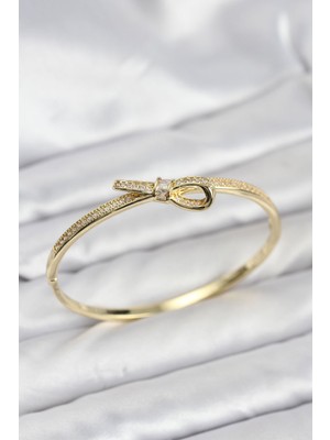 Clariss Pirinç Gold Renk Zirkon Taşlı Fiyonk Model Kadın Kelepçe Bileklik