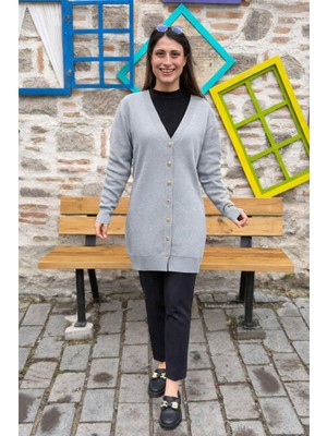 Düğmeli Triko Hırka - Gri