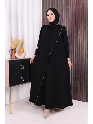 Bym Fashion Çapraz Parça Görünümlü İncili Elbise 3879 Siyah