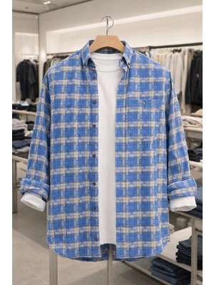 Varetta Erkek Mavi Kareli Kışlık Gömlek Cepli Geniş Kesim