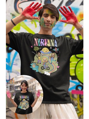 Fuddy Moda Unisex Nirvana Animasyon Baskılı Tişört, Oversize Rock Band Temalı T-Shirt
