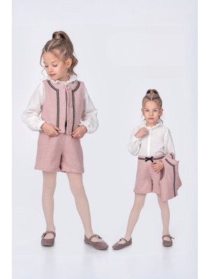 Miniğimin Cicileri Minigimin Cicileri Tüvit Şeritli 3 Lü Yelekli Kız Çocuk Takım - Pudra