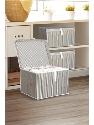 Meleni Home 3'lü Set Kapaklı Çok Amaçlı Hurç Saklama Kutusu Organizer Mini 40 x 30 x 26 cm Gri