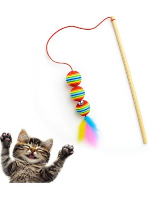 Kedi Oyuncağı – Gökkuşağı Renkli 3 Toplu Tüylü Zilli Olta Kedi Oyuncağı, 40 cm Bambu Saplı Etkileşim