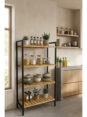 Exent Dekoratif Doğal Ahşap, 4 Katlı Çok Amaçlı Dolap, Mutfak Dolabı, Kiler Dolabı, Metal Iskelet