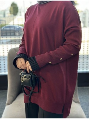 Nizzell Yeni Sezon Kadın Kolları Düğme Detaylı Merserize Tunik Kazak