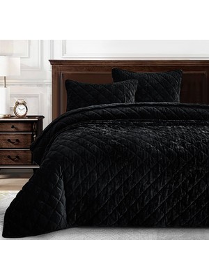 Lüks Siyah Kadife Yorgan Büyük Boy Kral Seti, 3 Parça Peluş Eskitilmiş Kadife Yatak Tüm Sezon Hafif