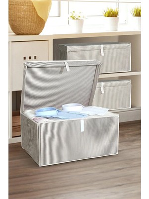 Meleni Home 3'li Set Kapaklı Çok Amaçlı Hurç Saklama Kutusu Organizer Mega 60 x 40 x 30 cm Gri