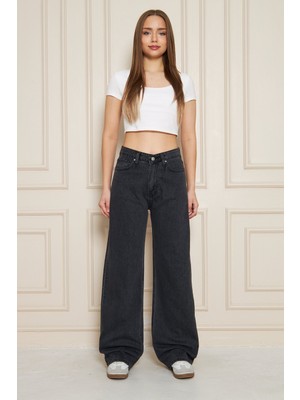 Comstar Kadın Bol Paça Yüksek Bel Baggy Füme Kot Pantolon