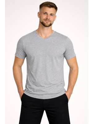 Axxel Erkek Gri Melanj Pamuk Kumaş V Yaka Kısa KOLLU-D804