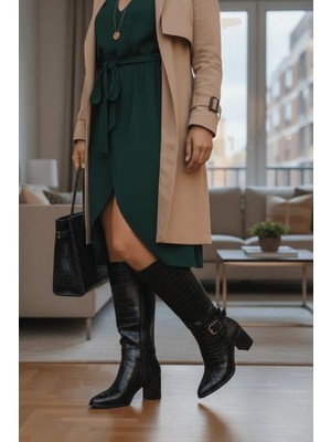 Divolya Sidney Siyah Kroko Deri Topuklu (7cm) Yanı Fermuarlı Günlük Kullanım Çizme