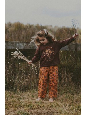 Cigit Uzun Kollu Desenli Yüksek Bel Pantolonlu Takım 2-8 Yaş Kahverengi