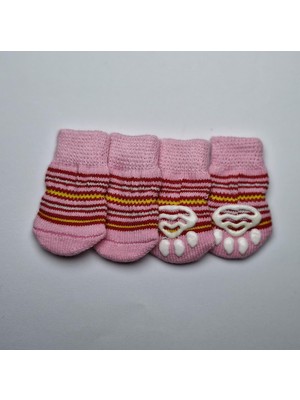 Kaymaz Tabanlı Köpek Çorabı (Pembe-Kırmızı Çizgili, S - Boy 6 Cm, En 3 Cm)