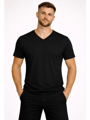 Axxel Erkek Siyah Pamuk Kumaş  V Yaka Kısa KOLLU-D804