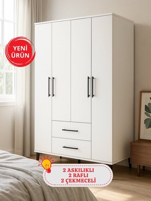 Dorpek Nuna 4 Kapaklı 2 Çekmeceli Gardırop – 120 cm Genişlik Beyaz Elbise Dolabı