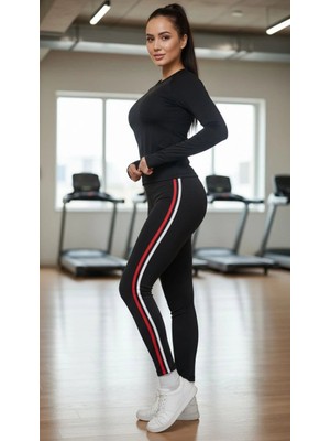 Alfanora Kadın Likralı Penye Yanı Kırmızı Beyaz Şeritli Dar Kalıp Spor Tayt - Siyah