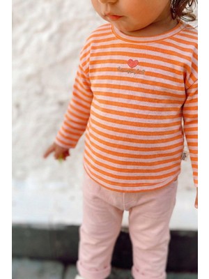 Cigit Çizgili Triko Kız Bebek Takım 0-3 Yaş Pudra Şeftali Çizgili