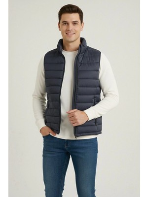 Alfanora Erkek Şişme Fermuarlı Yelek Su Itici Kapitone Astarlı Kumaş Cepli Hafif Kışlık Spor Rahat Kalıp - Lacivert