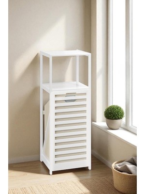 Digithome Bambu Beyaz Mat Lake Kirli Sepetli 2 Raflı Banyo Düzenleyici Çamaşır Sepeti DB-0020