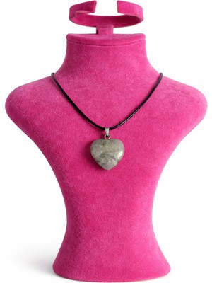 Doğal Taş Labradorit Kalp Kolye – Gri Tonlu Doğal Taş, Ayarlanabilir Siyah Ip, Kadın