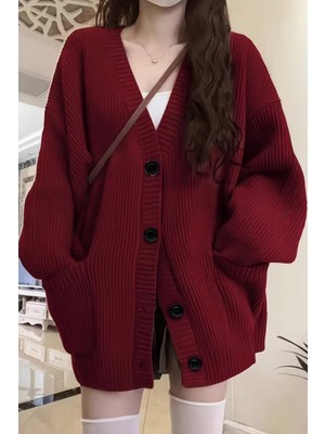 Cool Street Kadın Oversize Cepli Düğmeli V Yaka Triko Hırka