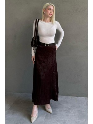 Madmext Kahverengi Kırışık Desen Kemerli Cepli Uzun Etek MG2661