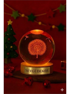 Home Dekor Hediye Isime Kişiye Özel Ledli USB Ahşap Standlı Karahindiba Temalı Kristal Küre LED Oda Masa Gece Lambası
