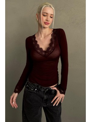 Madmext Bordo V Yaka Dantelli Transparan Kadın Bluz MG2662