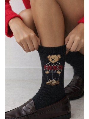 Katia & Bony Kadın Teddy Desenli Yün Soket Çorap Siyah