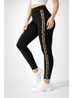 Alfanora Kadın Likralı Yan Leopar Şeritli Detaylı Tayt - Siyah