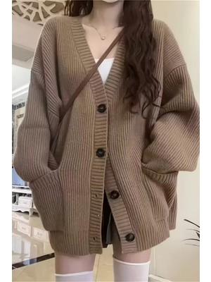 Cool Street Kadın Oversize Cepli Düğmeli V Yaka Triko Hırka