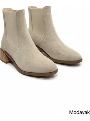 Modayak Florin Krem Süet Fermuarlı Lastikli Topuklu Altın Tokalı Yarım Bot