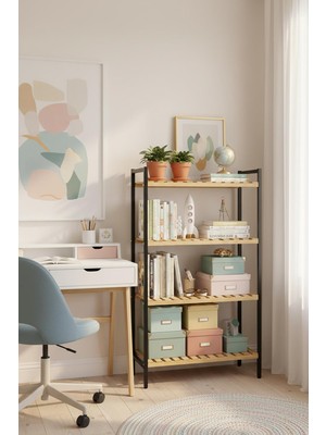 Exent, Çocuk Odası Kitaplığı, Ahşap Ham Verniksiz Doğal Kitaplık, 4 Raflı Ahşap Kitaplık