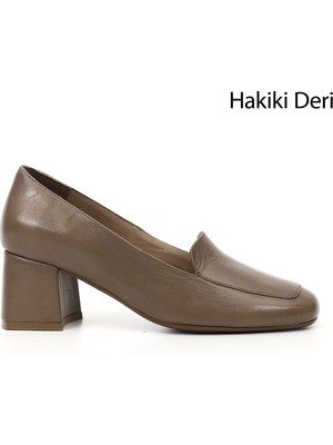 GÖNDERİ Kadın Vizon Antik  Küt Burun Kalın Topuklu Hakiki Deri Ayakkabı