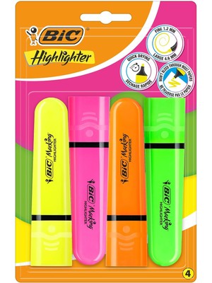 Marking Flat Higlighter Fosforlu Kalem 4'lü Blister, (Sarı, Turuncu, Pembe, Yeşil), Su Bazlı, Hızlı