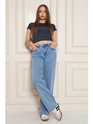 Comstar Kadın Bol Paça Yüksek Bel Baggy Mavi Kot Pantolon