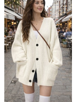 Cool Street Kadın Oversize Cepli Düğmeli V Yaka Triko Hırka