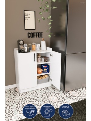 Dekorfim DF08104 Ayarlanabilir Raflı Beyaz Çok Amaçlı Dolap, 2 Kapaklı 3 Raflı Mutfak Kiler Dolabı Beyaz