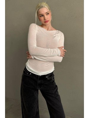 Madmext Beyaz Kayık Yaka Transparan Kadın Bluz MG2663