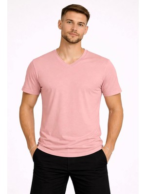 Axxel Erkek Somon Pembe Pamuk Kumaş  V Yaka Kısa KOLLU-D804