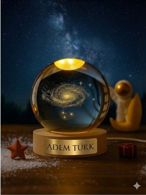 Home Dekor Hediye Isime Kişiye Özel Ledli Usb'li Ahşap Standlı Samanyolu Temalı Kristal Küre 3D Oda Masa Gece Lambası