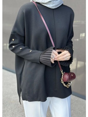 Nizzell Yeni Sezon Kadın Kolları Düğme Detaylı Merserize Tunik Kazak