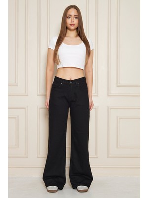 Comstar Kadın Bol Paça Yüksek Bel Baggy Siyah Kot Pantolon