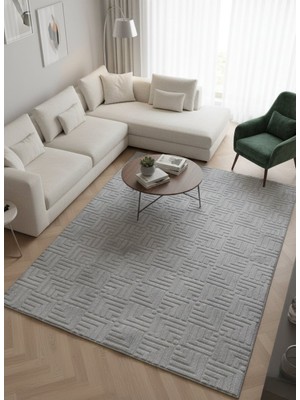 Merinos Rölyef Halı Kaymaz Tabanlı Makinada Yıkanabilir Leke Tutmaz Gri Kesme Halı Salon Yolluk